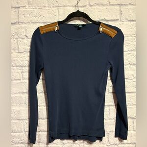 Lauren Ralph Lauren Navy Top with Tan Shoulder Accents Small
